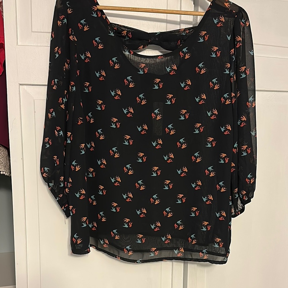 Black Chiffon Blouse with Bird Print